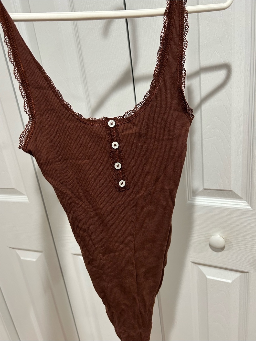 American Eagle Outfitters Brown Ribbed Lace-Trim Bodysuit